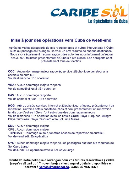 Caribe Sol : retour à la normale à Cuba  Caribe Sol : retour à la normale à Cuba