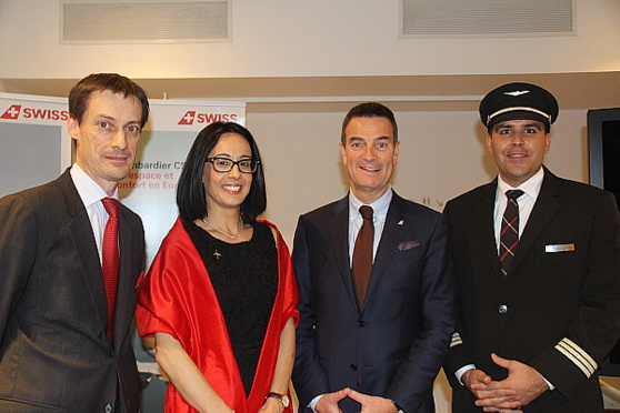 Sébastien Mullot, directeur du programme d'avions C Series (Bombardier), Miriam Oliveira, directrice du marketing de Swiss pour les Amériques, Patrick Oberson, directeur général de Swiss au Canada et Sven Thaler, deputy fleet chief C Series (Swiss), Sébastien Mullot, directeur du programme d'avions C Series (Bombardier), Miriam Oliveira, directrice du marketing de Swiss pour les Amériques, Patrick Oberson, directeur général de Swiss au Canada et Sven Thaler, deputy fleet chief C Series (Swiss),