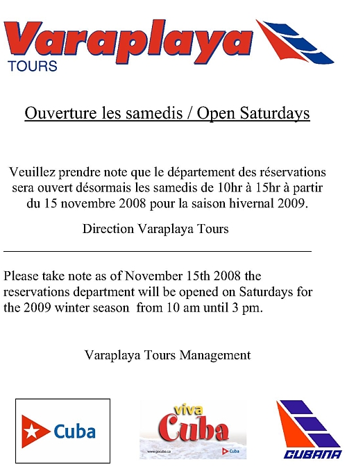 Varaplaya Tours ouvert le samedi à compter du 15 novembre 