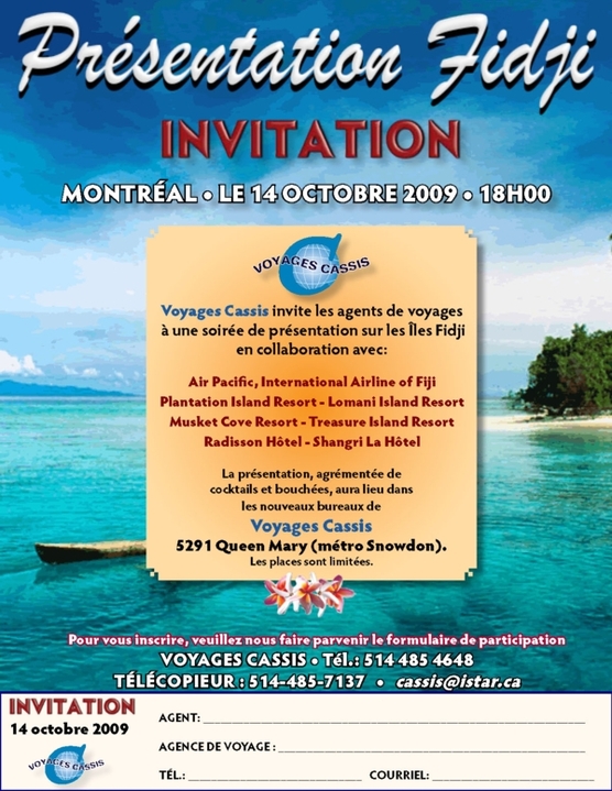 Voyages Cassis vous convie à une présentation sur les Îles Fidji Voyages Cassis vous convie à une présentation sur les Îles Fidji