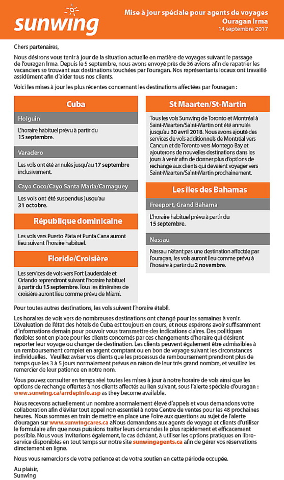 Irma : mise à jour de Sunwing pour les agents de voyages 