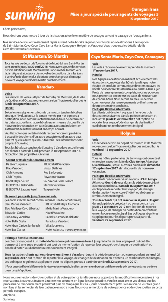 Ouragan Irma : Mise à jour de Sunwing du 15 septembre
