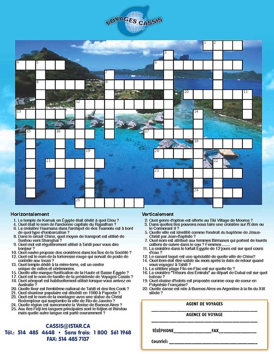 Voyages Cassis: un mot croisé pour une chance de gagner un éducotour Voyages Cassis: un mot croisé pour une chance de gagner un éducotour