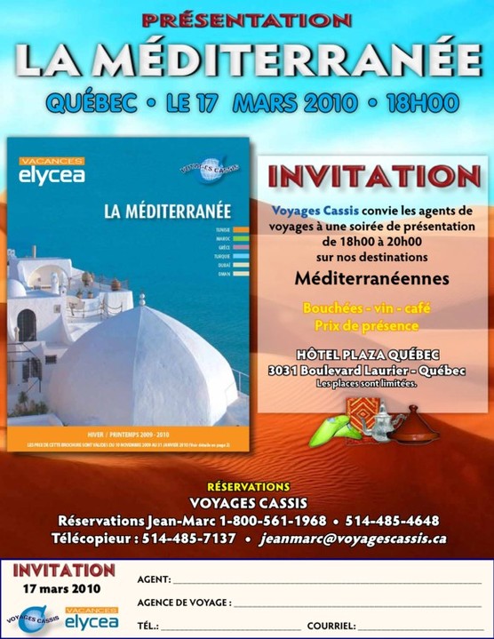 Voyages Cassis vous convie à une une soirée de présentation ''Méditerranée'' à Québec  Voyages Cassis vous convie à une une soirée de présentation ''Méditerranée'' à Québec