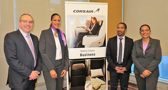 La délégation de Corsair International ; Thierry Briand, agent général pour le Canada; Odile Nanesie, directrice commerciale ; Samuel Vivares directeur régional Caraïbes et Amériques et Guilene Jack-Roch , coordinatrice support commercial de Corsair- Réseau Caraïbes Amérique.