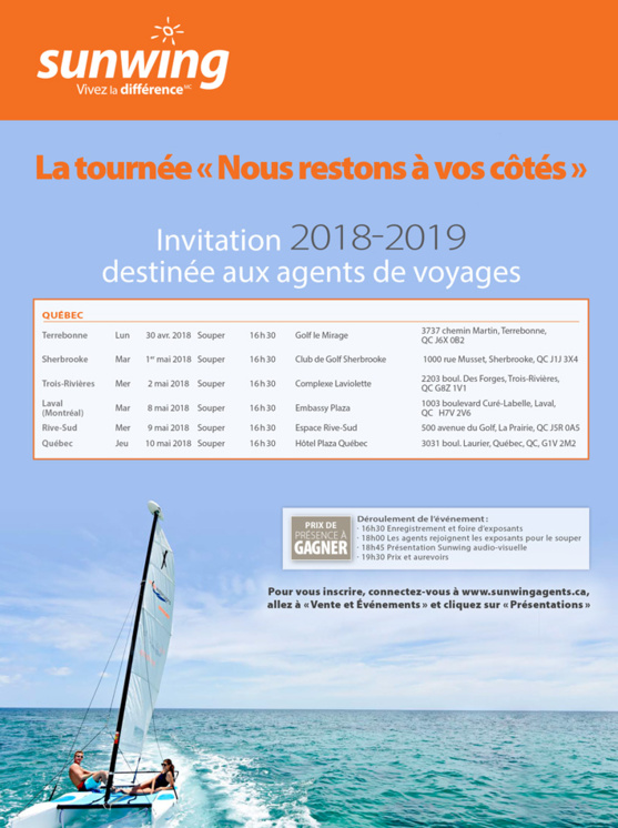 A mettre à vos agenda : les présentations de Sunwing « Nous restons à vos côtés » A mettre à vos agenda : les présentations de Sunwing « Nous restons à vos côtés »