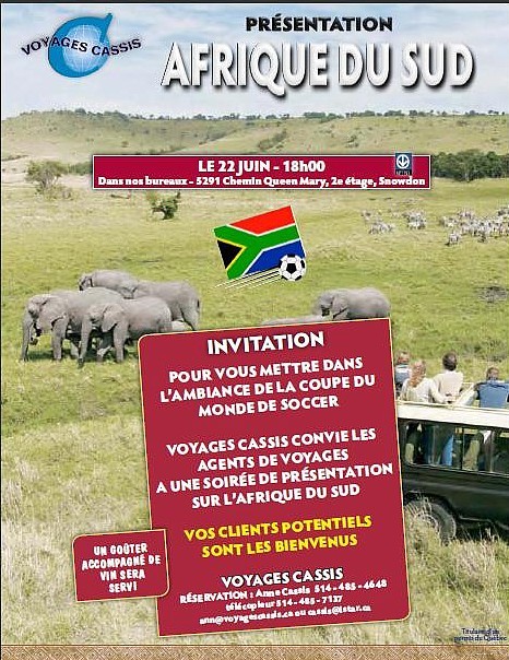 Voyages Cassis convie les agents de voyages et leurs clients à une présentation sur l'Afrique du Sud Voyages Cassis convie les agents de voyages et leurs clients à une présentation sur l'Afrique du Sud