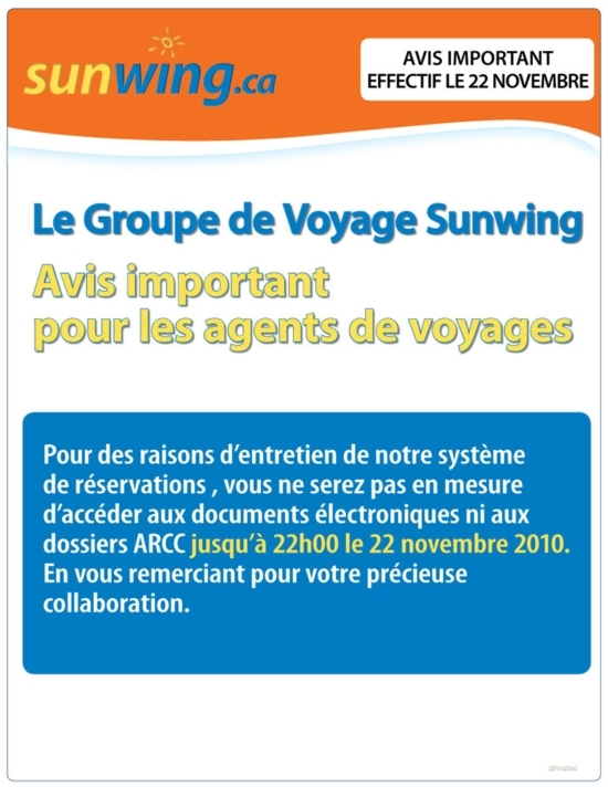 Groupe de Voyages Sunwing: avis important ! Groupe de Voyages Sunwing: avis important !