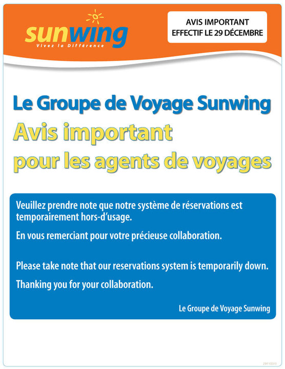 Le sytème de réservation de Vacances Sunwing et Vacances Signature temporairement hors d'usage Le sytème de réservation de Vacances Sunwing et Vacances Signature temporairement hors d'usage