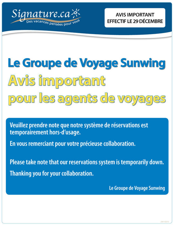 Le sytème de réservation de Vacances Sunwing et Vacances Signature temporairement hors d'usage Le sytème de réservation de Vacances Sunwing et Vacances Signature temporairement hors d'usage