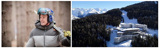 Le champion mondial de ski Erik Guay et une vue du Club Med Les Arcs Panorama.