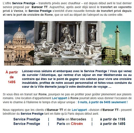 Le Service Prestige d'Eurocar TT et Loc'appart s'étend à Rome 