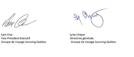 Le Groupe de Voyage Sunwing remercie les agents de voyages et les voyageurs du Québec