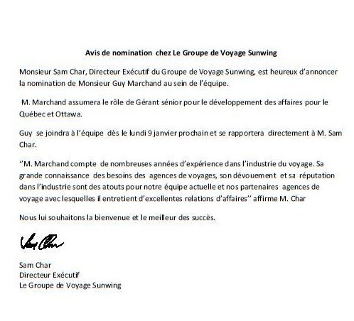 Guy Marchand recruté par Sunwing  Guy Marchand recruté par Sunwing