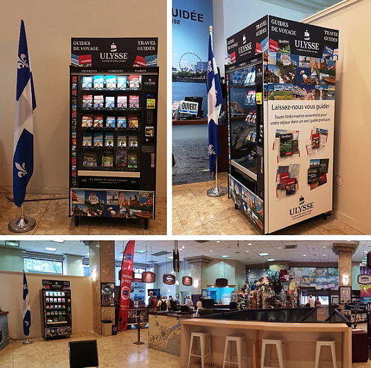 Une machine distributrice de guides de voyage Ulysse accessible au Centre Infotouriste de Montréal