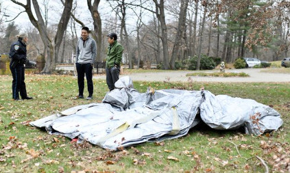 Un toboggan d'avion tombe dans son jardin