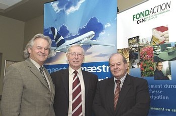 Louis Larivière, président du Conseil d’administration de Vacances Maestro et associé principal, Michel Mordret, président et chef de la direction de Vacances Maestro,  Léopold Beaulieu, président-directeur général de Fondaction