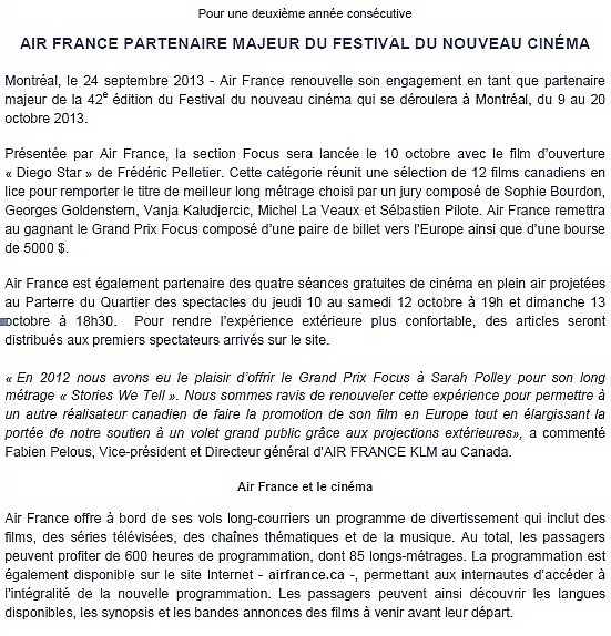 Air France partenaire majeur du Festival du Nouveau Cinéma  Air France partenaire majeur du Festival du Nouveau Cinéma