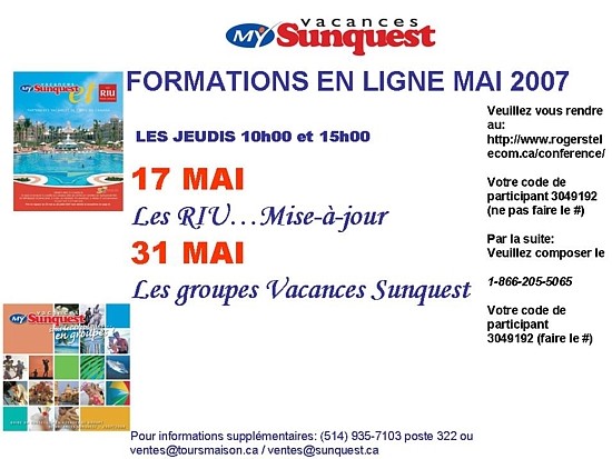 Vacances Sunquest vous invite à participer à ses formations en ligne du mois de mai. Vacances Sunquest vous invite à participer à ses formations en ligne du mois de mai.