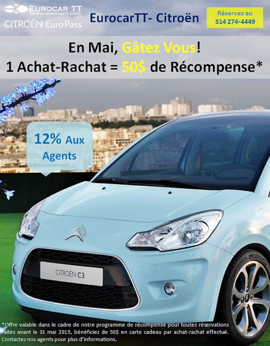 En Mai  avec CITROËN, Obtenez 50$ par Achat-Rachat effectué!