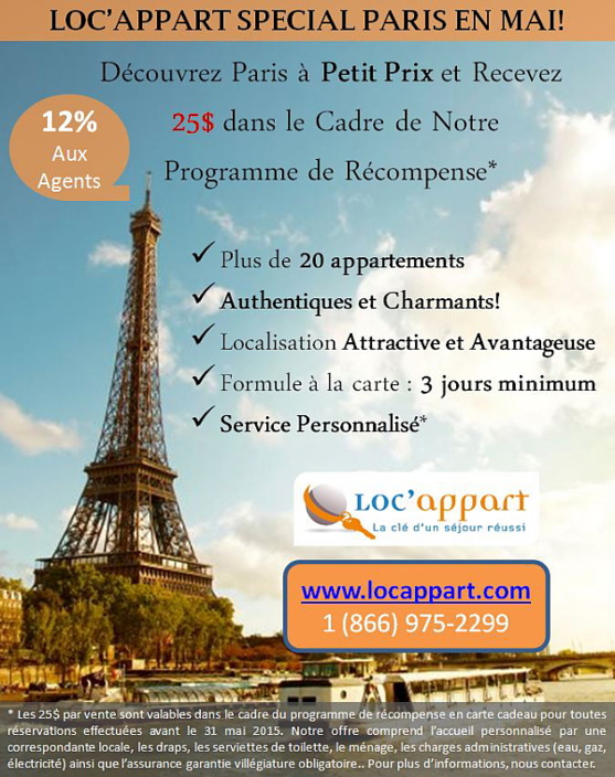 Loc'appart: Réservez Paris en mai et recevez 25$! Loc'appart: Réservez Paris en mai et recevez 25$!