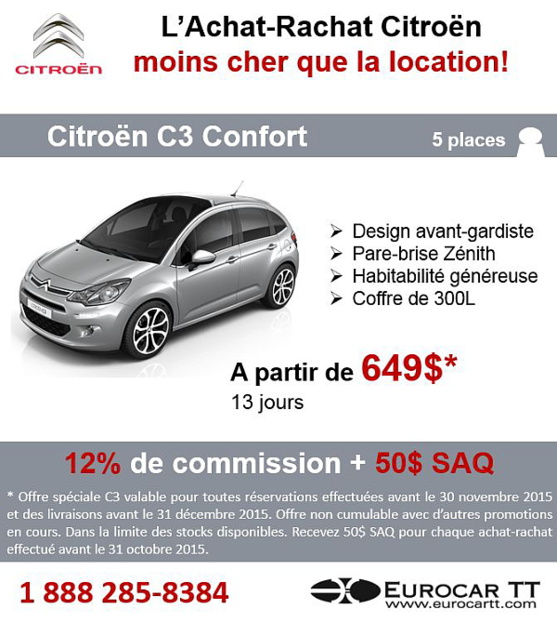 Eurocar TT : Promotion Spéciale C3 Confort à partir de 649$