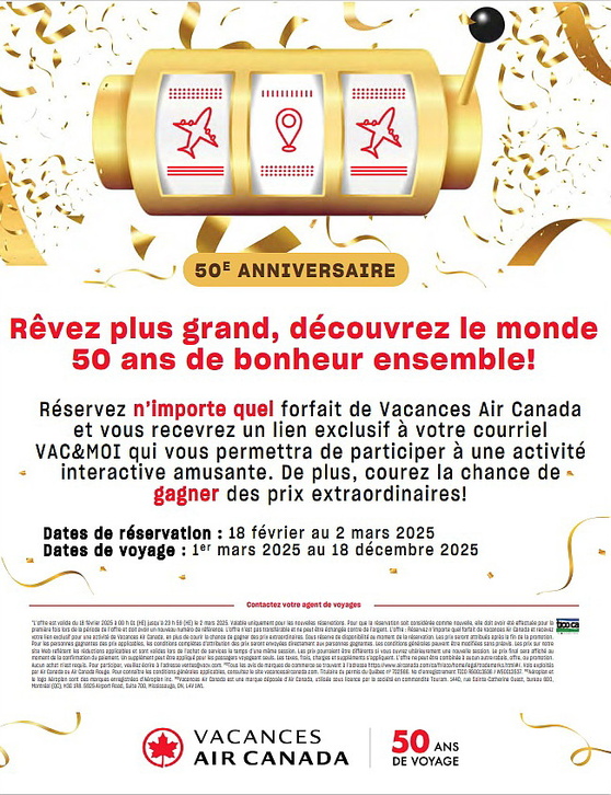 Vacances Air Canada présente son jeu en ligne « Rêvez plus grand, découvrez le monde – 50 ans de bonheur ensemble » Vacances Air Canada présente son jeu en ligne « Rêvez plus grand, découvrez le monde – 50 ans de bonheur ensemble »