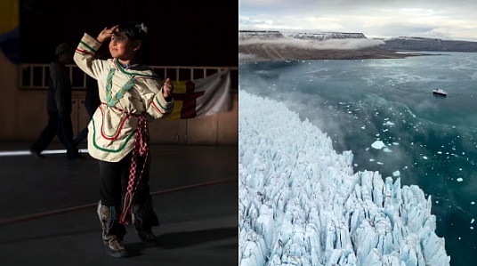 Une danse traditionnelle inuite à Pond Inlet, au Canada, à gauche, et un navire HX naviguant devant les glaciers de Croker Bay, au Nunavut, à droite. Une danse traditionnelle inuite à Pond Inlet, au Canada, à gauche, et un navire HX naviguant devant les glaciers de Croker Bay, au Nunavut, à droite.