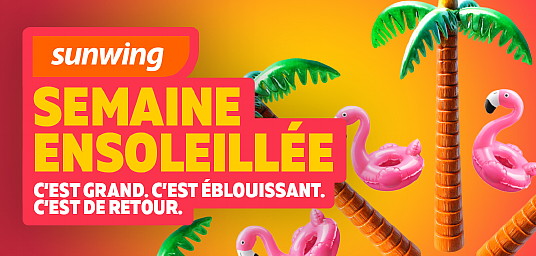 L’effervescence de la Semaine ensoleillée de Sunwing est de retour avec des aubaines quotidiennes à tout casser et des prix à gagner L’effervescence de la Semaine ensoleillée de Sunwing est de retour avec des aubaines quotidiennes à tout casser et des prix à gagner