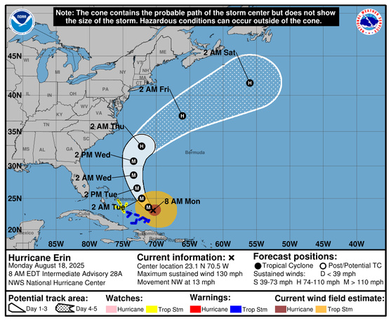 L'ouragan Erin se renforce à l'approche des Bahamas