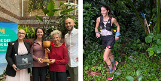 De gauche à droite :  Karine Roy-Camille (CMT - Directrice Adjointe Amériques), Geneviève Asselin-Demers (2ᵉ féminine de la TransMartinique 2025), Marie-José Coute (Traileuse et bénévole de la TransMartinique 2025), et Adama Carr (CMT Bureau Canada - Gestionnaire Marketing et Promotion). À droite : Geneviève Asselin-Demers lors de la TransMartinique 2025.