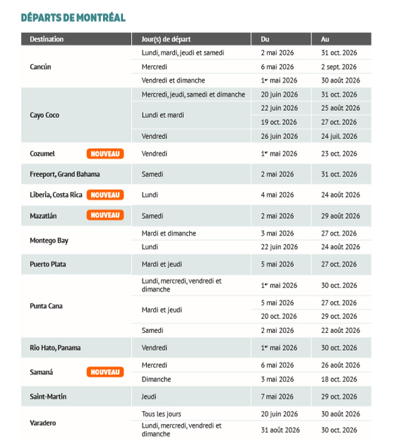 Plus de soleil, plus de choix : Vacances Sunwing dévoile son horaire estival pour 2026 Plus de soleil, plus de choix : Vacances Sunwing dévoile son horaire estival pour 2026