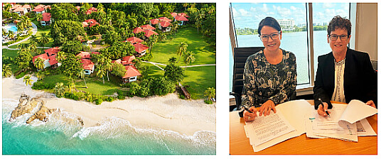 Sur la photo (de gauche à droite) : le futur site du Club Med Sainte-Croix, Carolyn Doyon et Eileen Kett lors de la cérémonie officielle de signature