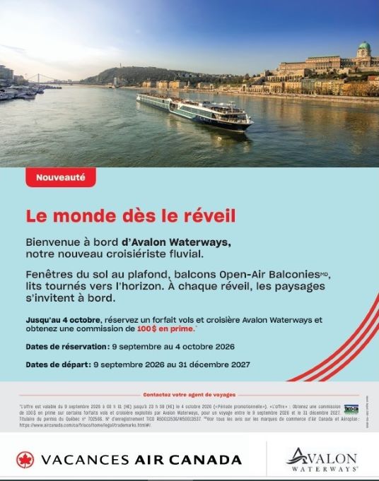 Vacances Air Canada agrandit son répertoire de croisières avec l’ajout d’Avalon Waterways