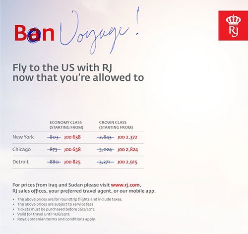 Royal Jordanian prend le décret Trump avec un peu d'umour  Royal Jordanian prend le décret Trump avec un peu d'umour