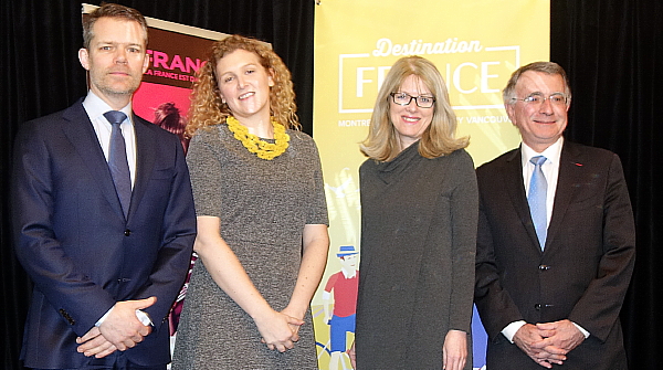 Roland Coppens, directeur commercial Air France -KLM; Mélanie Paul-Hus directrice par interim d'Atout France au Canada; Diane Audet, directrice communications d'Air France KLM et Nicolas Chapuis, Ambassadeur de France au Canada.