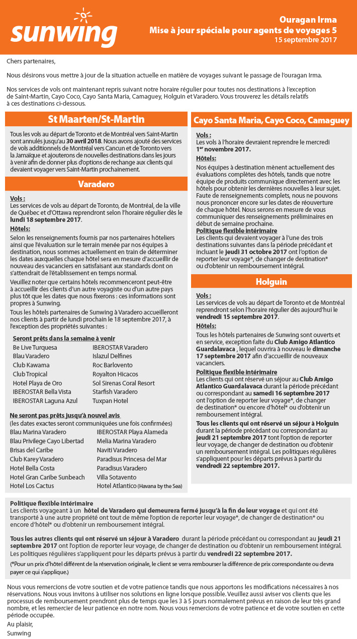 Ouragan Irma : Mise à jour de Sunwing du 15 septembre