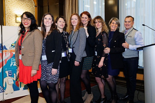 Délégation de l'Occitanie (de gauche à droite) - Sarahi Seguy de l'office de tourisme de Carcassonne, Sabine Lamboley de FITOUR, Corinne Laussu de l'office de tourisme de Lourdes, Pia Penzo de l'office de tourisme de Montpellier, Marine Brunet de l'office de tourisme de Toulouse, Irene Fanton de l’office de tourisme de Nimes, Nicole Pradines du CRTL Occitanie et Yves Quesada du Château de l’Hospitalet – Crédit :Patrick Desrochers