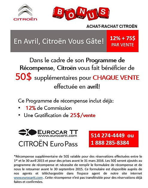 En Avril  avec CITROËN, Obtenez un Bonus de 75$ par vente!