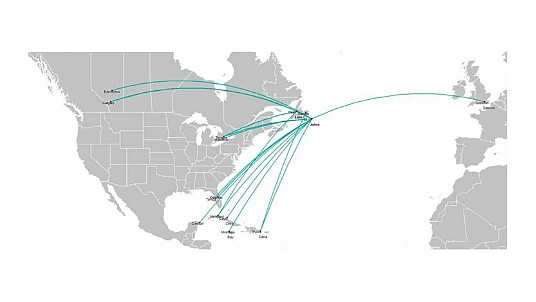 Cette carte représente la capacité du Groupe WestJet, qui comprend le service de WestJet et de Sunwing Airlines. (Groupe CNW/WESTJET, un partenariat de l’Alberta)