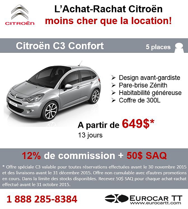 Eurocar TT : Promotion Spéciale C3 Confort à partir de 649$ Eurocar TT : Promotion Spéciale C3 Confort à partir de 649$