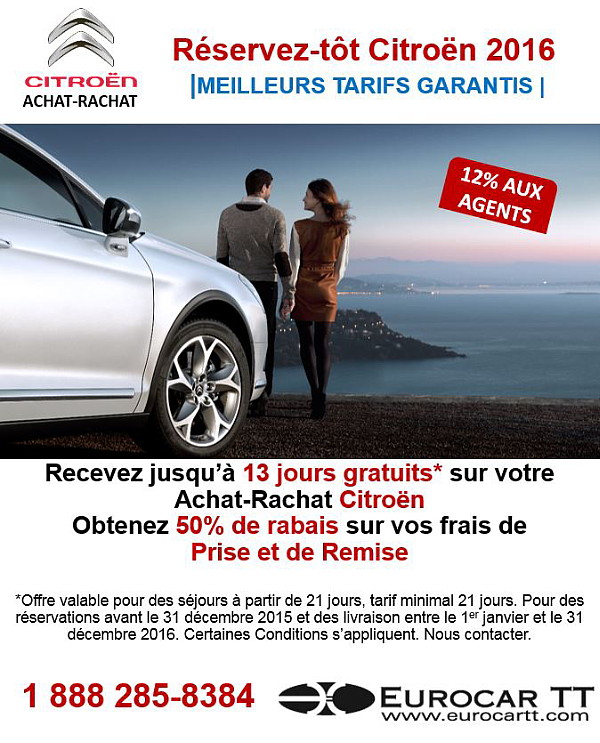 EurocarTT débute la saison 2016 en offrant un SUPER RÉSERVEZ-TÔT en achat-rachat Citroën! EurocarTT débute la saison 2016 en offrant un SUPER RÉSERVEZ-TÔT en achat-rachat Citroën!