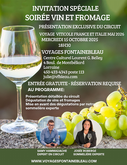 Voyages Fontainebleau : Changement de lieu pour la Soirée Vin et Fromage