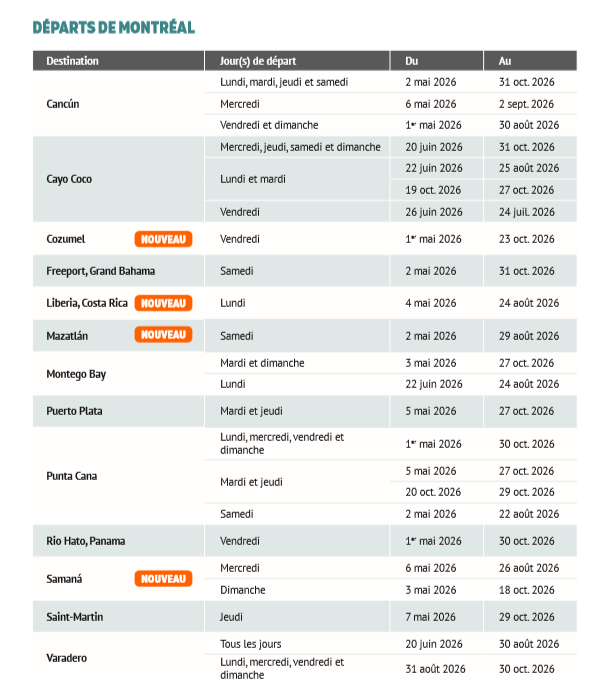 Plus de soleil, plus de choix : Vacances Sunwing dévoile son horaire estival pour 2026