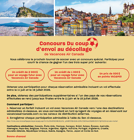 Vacances Air Canada lance son jeu « Du coup d’envoi au décollage » pour les conseillers en voyages