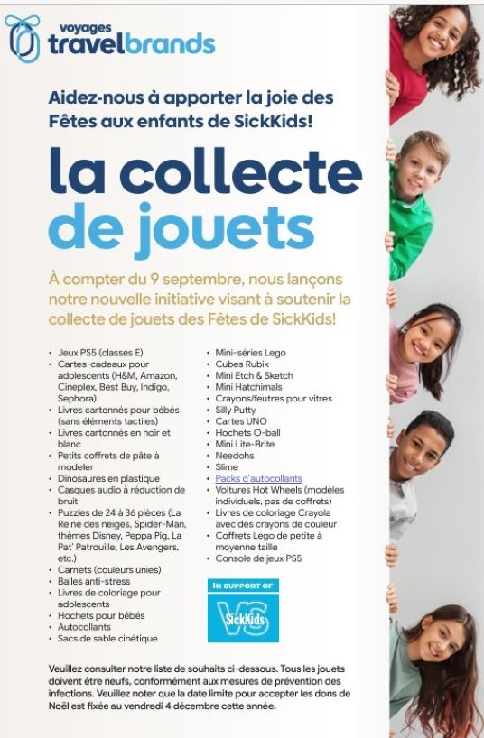 voyages travelbrands lance une collecte de jouets pour les Fêtes pour soutenir la Fondation SickKids