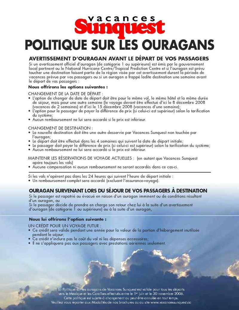 À savoir : La politique sur les ouragans de Vacances Sunquest